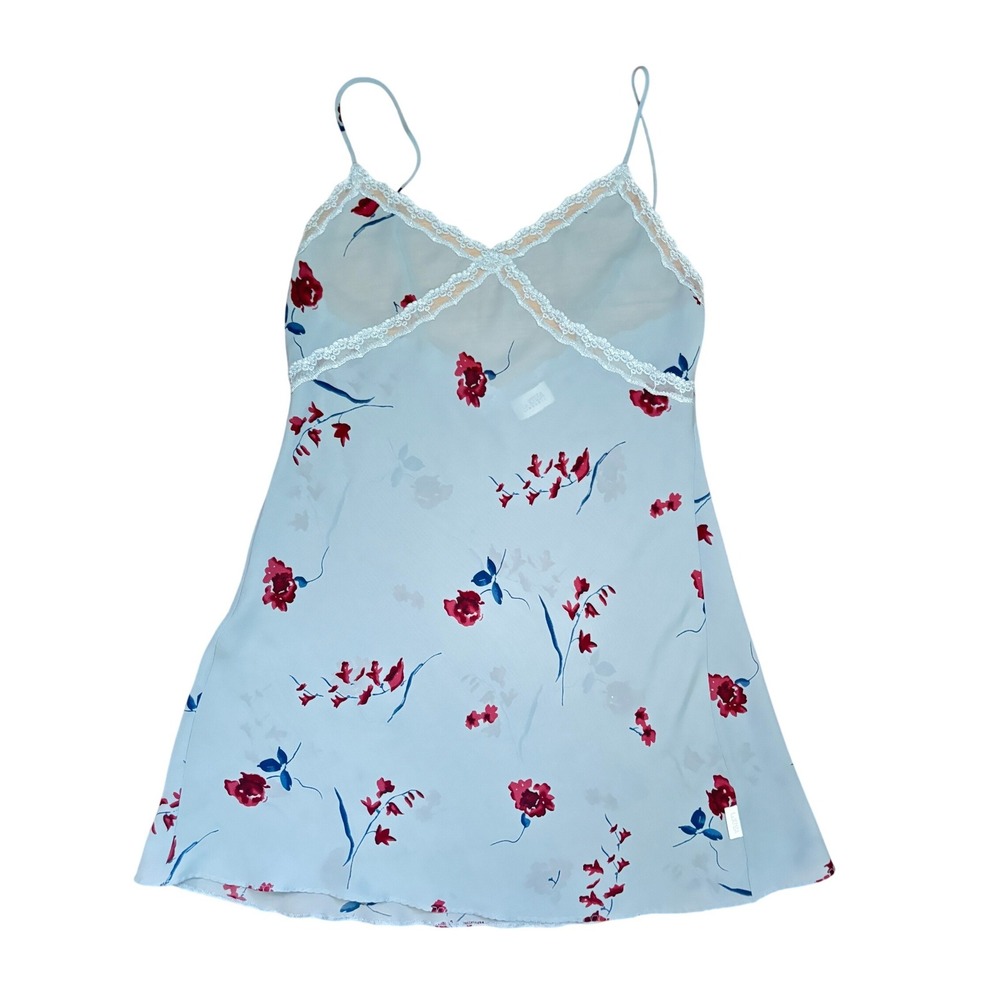 Y2K La Senza Lingerie Blue Floral Lace Trim Chemise Slip Dress Nightgown